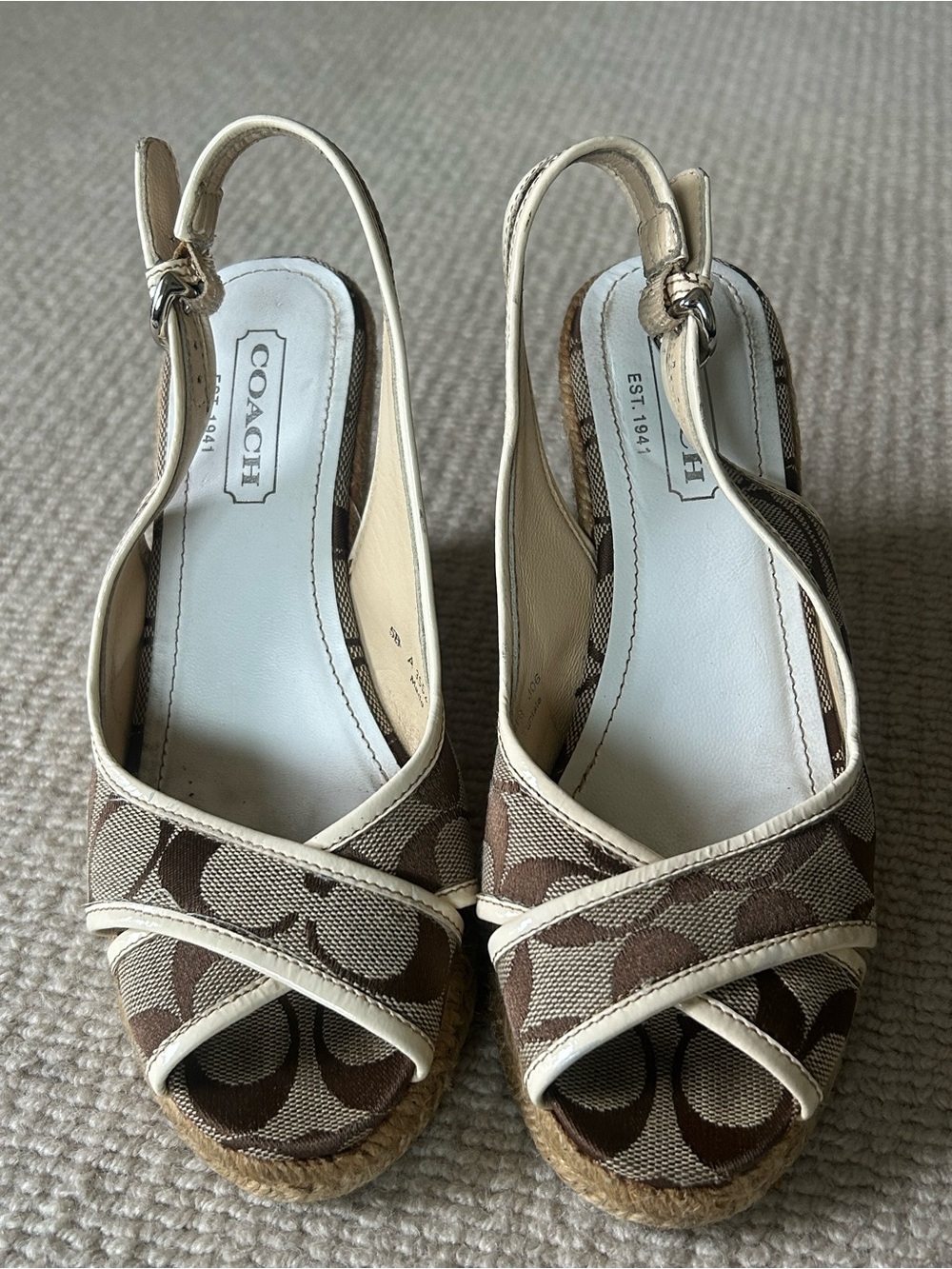 Coach Signature Canvas Brown and Cream Espadrille Wedge Sandals